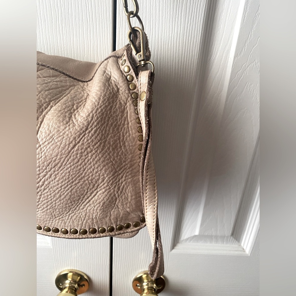 Bayside Made in Italy Beige/Taupe Pebbled Leather Studded Postman Shoulder Bag - Picture 9 of 16